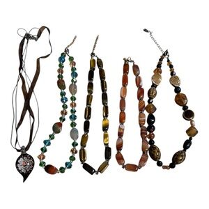 Lot of 5 Glass Beaded Necklaces Pendant Chunky Art Glass Lampwork Colorful Artsy
